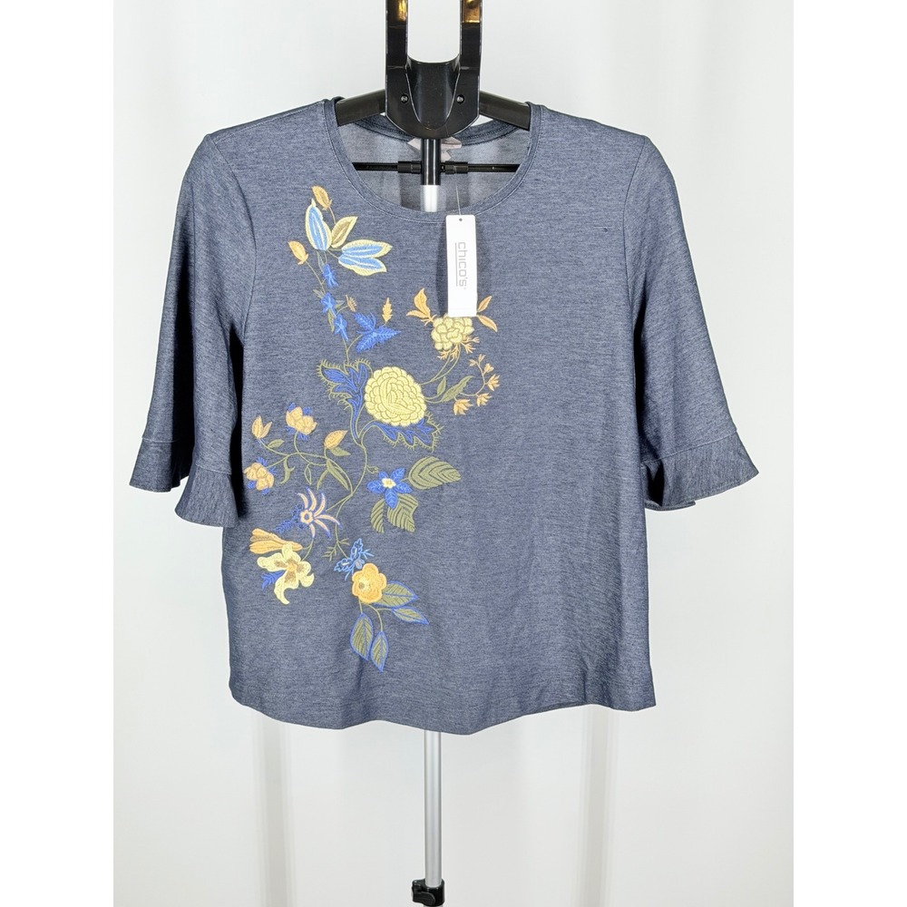 Chico's Floral Embroidered Ruffle Sleeve Knit Top Blue Size 2 Large NWT